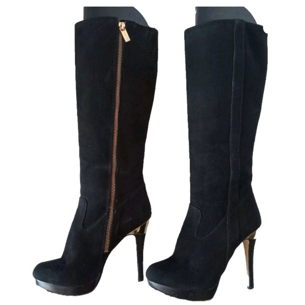 Michael Kors Black Suede Knee-High Stiletto Boots with Gold Trim